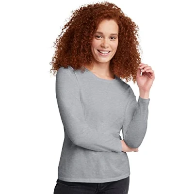 Image of Hanes Women&#039;s Long Sleeve Cotton T Shirt, Lightweight Crewneck Tee, Modern Fit, Light Steel, XL