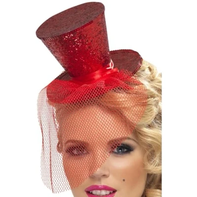 Image of Smiffys Fever Mini Top Hat on Headband, Hot Pink with Detachable Netting, Accessories Fancy Dress, Dress Up Hats