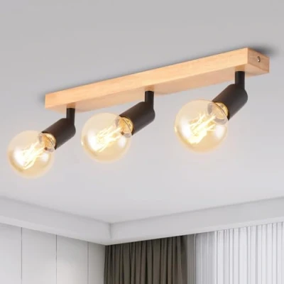 Image of ANWIO Black Retro Wood Ceiling Light Fitting,3 Way Spot Ceiling,Bedroom Lights with E27 Bases,Adjustable Light,Kitchen Ceiling,Living Room (NO Bulbs)