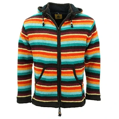 Image of LOUDelephant Hand Knitted Wool Hooded Jacket Cardigan Stripe Retro D (Large)