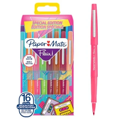 Image of Paper Mate Flair Felt Tip Pens Medium Point (0.7 mm) Marker Assorted Retro Colouring For Kids &amp; Adult Colouring, Journalling More 16 Count