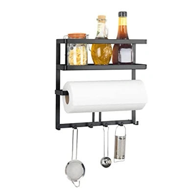 Image of WENKO Gala Multifunctional Shelf with Kitchen Roll Holder and Railing Including 6 Hooks, Powder coated metal, Black, 30 x 33 9 cm
