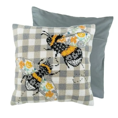 Image of Trimits Half Stitch Cross Cushion Kit, Back Included, Pre Printed Canvas, Yarn and Needle Included 40 x 40cm (15.75 15.75in), Bees