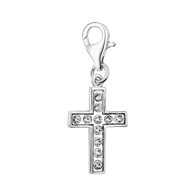 Image of Quiges 925 Sterling Silver White Cubic Zirconia Cross Lobster Clasp Charm Clip on Pendant