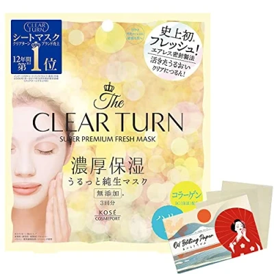 Image of Kose Clear Turn Premium Fresh Facial Mask 3pcs Tension Shiny Traditional Blotting Paper Set