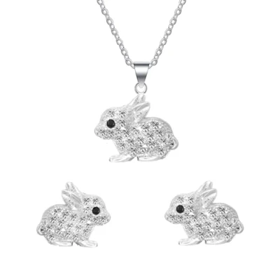 Image of Kaguyo Jewellery Sets for Women Sterling Silver Clear Pave Zirconia Bunny Pendant Necklace with Cute Easter Rabbit Stud Earrings and Girls Birthday Gift