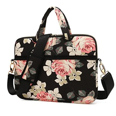 Image of kayond Black Rose Patten Canvas Laptop Shoulder Messenger Bag Case Sleeve for 13.3 Inch and Macbook Air 13,Macbook Pro 13/14 (13 inch, Rose)