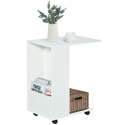 Image of HOMCOM Mobile Sofa Side Table C Shape End with Storage and Casters for Laptop Coffee Snack, White