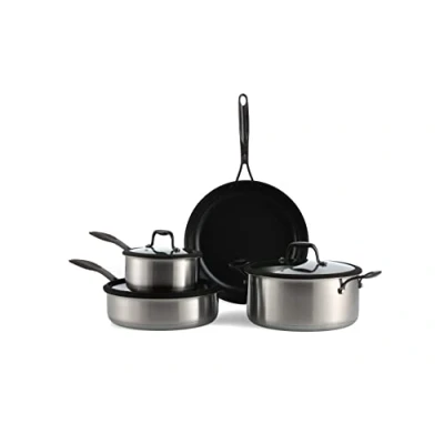 Image of BK Ceramic Black Stainless Steel 7 Piece Cookware Pots &amp; Pans Set with PFAS Free Non Stick Coating, Frypan, Casserole, Saucepans, Lids, Induction, Dishwasher and Oven Safe,