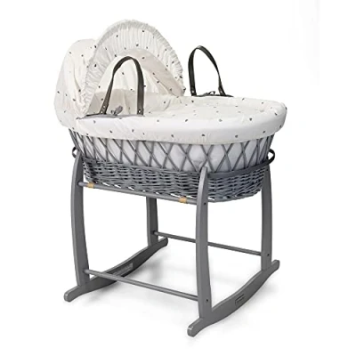 Image of Clair de Lune Lullaby Hearts Grey Wicker Moses Basket with Deluxe Rocking Stand