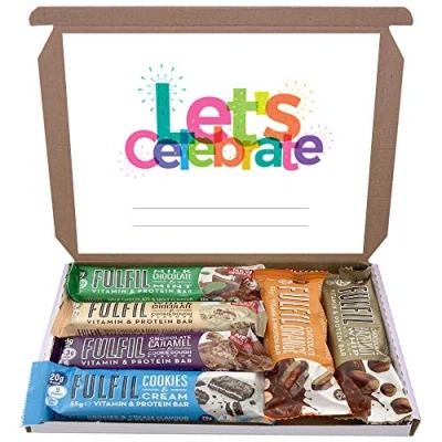 Image of Fulfil Protein Bars &amp; Vitamins Chocolate 6x60g Gift Box Hamper Snack Low Sugar Carbs Fulfill Bar (Lets Celebrate)