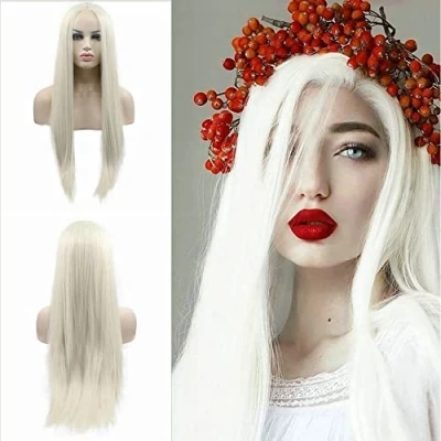 Image of 60# Ice Blonde Synthetic Lace Front Wigs for Women Long Straight 60 White Daily Wear Natural Wig Heat Resistant Fiber Hair 24&quot;