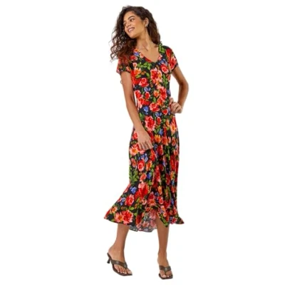 Image of Roman Originals Women Floral Print Fit &amp; Flare Midi Dress Ladies Spring Everyday Summer Evening Vacation Work Holiday Short Sleeve Smart Casual Red Size 20