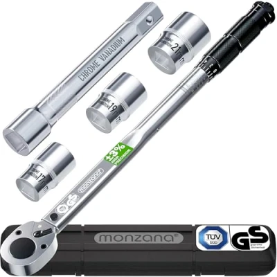 Image of Monzana® Torque Wrench 6 Piece Set Cr V Chrome Vanadium Steel Adjustable 40 210Nm TÜV Süd GS Safety Tested 1/2&#039; Drive, 3 Sockets, Extension &amp; Storage Case Car Motorcycle Tool