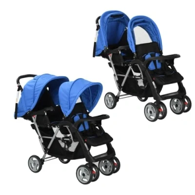 Image of vidaXL Tandem Stroller Steel Blue and Black Child Toddler Pram Pushchair Buggy