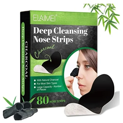 Image of DABIUSY 80 Pcs Blackhead Remover Strips Bamboo Charcoal Deep Cleansing Pore for Blackheads, Nose Strips, Removal Women Men (Black), Pack of 1