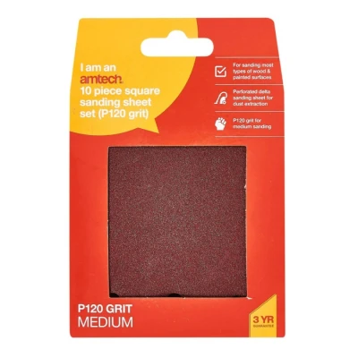 Image of Amtech V4050 P120 Hook and Loop Square Sheets 10 Piece Set, 110mm x 100mm Sanding Paper, 240 V, Clear, 110