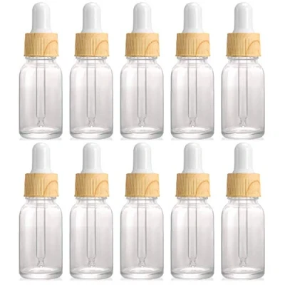 Image of Alledomain 10Pcs, 10ml Clear Glass Bottles with Dropper Pipettes, Mini Empty Wood Grain Plastic Cap Refillable Sample Container for Essential Oil/Aromatherapy Blends/Chemical Liquid
