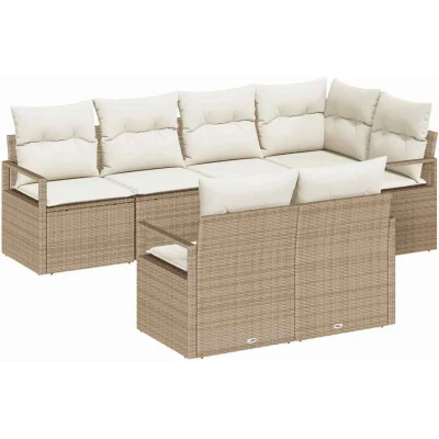 Image of vidaXL 7 Piece Garden Sofa Set with Cushions Beige Poly Rattan
