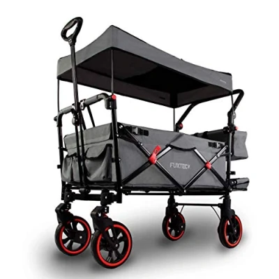 Image of FUXTEC folding/foldable wagon hand cart garden trolley carriage of children outdoor transport hard ground hiking trail removable canopy interior extension rear bag CT850 Grey