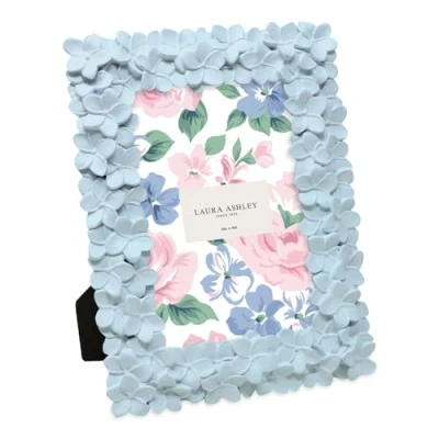 Image of Laura Ashley 4x6 Powder Blue Flower Textured Hand Crafted Resin Picture Frame w/Easel &amp; Hook for Tabletop Wall Display, Decorative Floral Design Home Décor, Photo Gallery, Art (4x6, Blue)