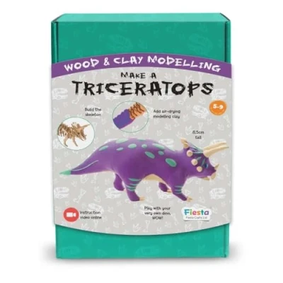 Image of Fiesta Crafts Make a Triceratops Clay and Wood Modelling Kit for Kids Fun Educational Learning Toy DIY Craft Art Activity Children to Develop Imagination Creativity Age 5 9 Years