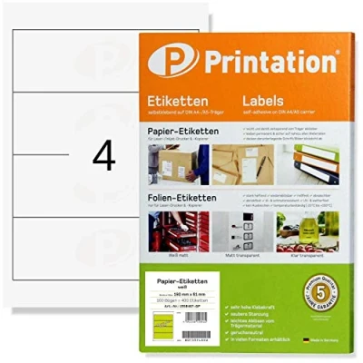 Image of Printation Folder Spine Labels Wide 190 x 61 mm 100 Spines Self Adhesive White Printable on 25 DIN A4 Sheets 1 4 Stickers per Sheet