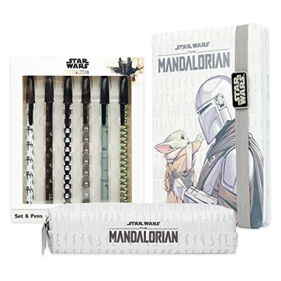 Image of Disney Pencil Case and Stationery Set Eeyore Winnie The Pooh Mandalorian Minnie Mouse Mickey Notebook Pen School Supplies Work Office Baby Yoda Gifts (White Mandalorian)