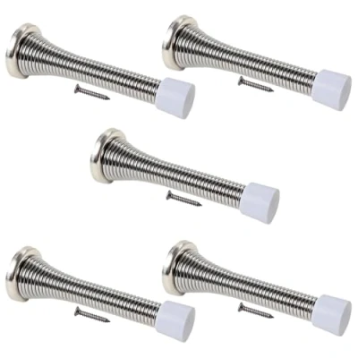 Image of Spring Door Stop Stopper Aside Doorstop Wall, Skirting or Fixings &amp; Screws Pack of 5 Nickel Plated