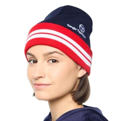 Image of Sergio Tacchini Unisex Surgis Beanie Knitted Rib with Turn Over &amp; Logo Navy/Red