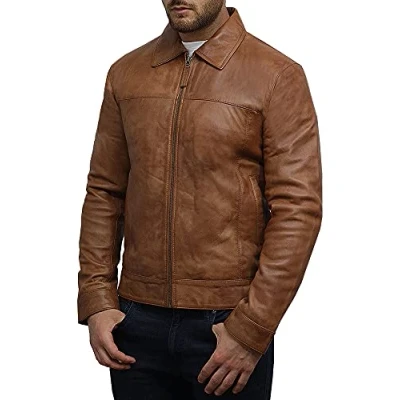 Image of BRANDSLOCK Mens Leather Biker Jacket Harrington Vintage (XXL, Tan)