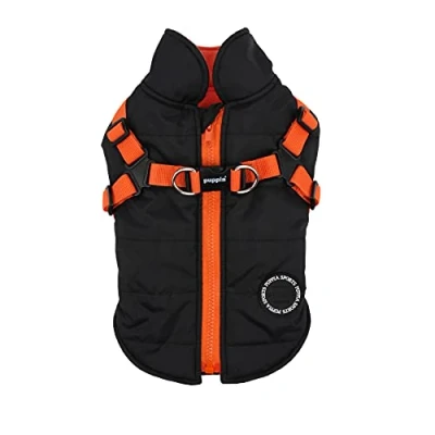 Image of Puppia Dog Coat for Small Dogs and Medium Waterproof Fleece Lined Pleasant Warmth with Harness, Black/Orange, S