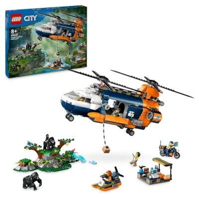 Image of LEGO City Jungle Explorer Helicopter at Base Camp, Vehicle Building Toy Adventure Set for 8 Plus Year Old Kids, Boys &amp; Girls, with 5 Minifigures and 3 Gorilla Animal Figures, Creative Gift Idea 60437