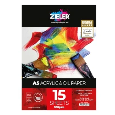 Image of Acrylic &amp; Oil Painting Pad 300gsm, 15 Sheets by Zieler® Linen Textured Surface Acid Free. Ideal for Painting. Made in UK (A5)