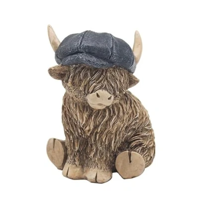 Image of Reflections Bronze Resin Animal Ornament 12cm Highland Cow With Blue Hat 6556