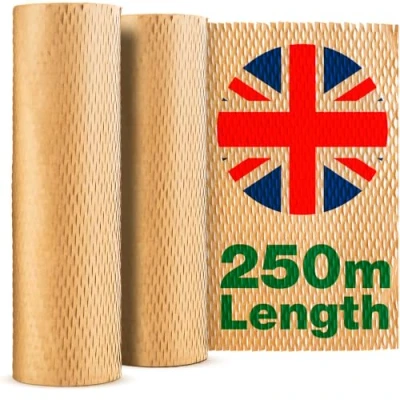 Image of Sustainable Honeycomb Packing Paper 250m x 30cm Made in UK Bubble Wrap Alternative Biodegradable Wrapping for Moving, &amp; Shipping and Breakables Brown