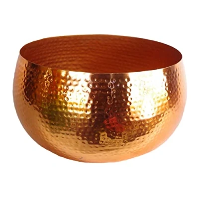 Image of Leaf Large Straight Edge Hammered Metal Planter Reflective, Copper, 32cm Round