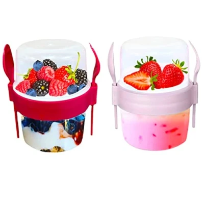 Image of VL 2PCs Yogurt Pots Reusable 500ml Yoghurt Container with Spoon &amp; Fork BPA free Breakfast to Go Muesli Cereal On the Dishwasher Safe Lunch Box Oatmeal Jars, Set of 2 (Red, Pink)