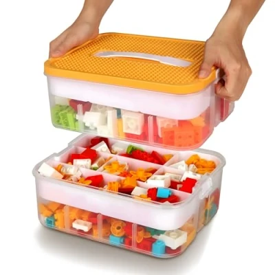 Image of Kids Toys Storage Organizer for Lego Clear Building Blocks Container Box with Baseplate Lids 2 Layers Stackable Playroom Organization Bin Portable Drawers Bricks Puzzle Board Craft Compartments Case