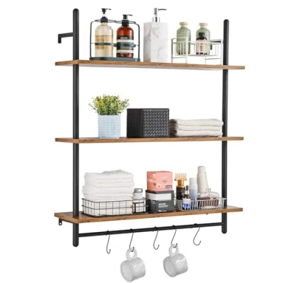 Image of VEVOR Industrial Pipe Shelf, 3 Tier 32x9.84in, Wall Mount Floating Rustic Wood Shelves Bracket Display Bookshelf, Storage Rack Sundries Holder for Kitchen Bedroom Bathroom Living Room, Black