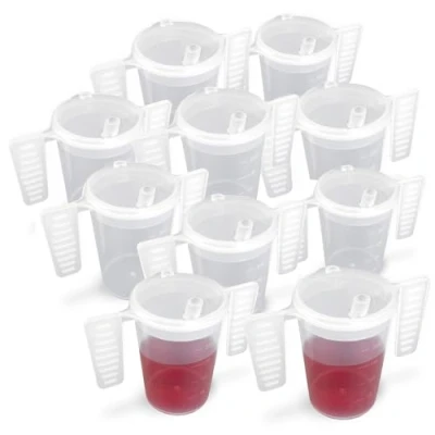 Image of Wing Handled Beaker with Drinking Lid Pack of 10 Adult Beakers for Elderly Dementia Cup Two Small Spouted