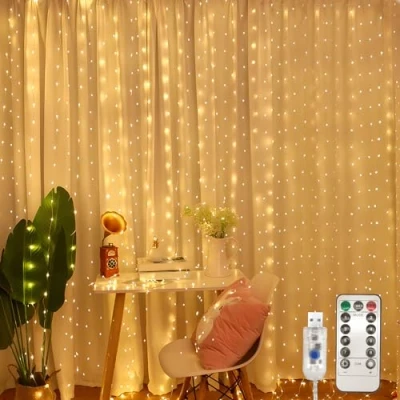 Image of Jsdoin Curtain Fairy Lights, 3.6m x 3m 360leds USB Operated 8 Modes String Light Indoor Waterproof Hanging Window Lights with Hooks for Christmas, Wedding, Party,Wall, Home Decorations（Warm White）