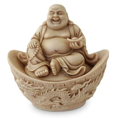 Image of Aged Effect Laughing Chinese Buddha in Dragon Boat Statue