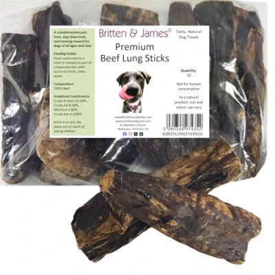 Image of 10 Premium Beef Lung Sticks for Dogs by Britten and James. 100% Natural Dog Chew Treat High in Protein, Grain Free, Hypoallergenic