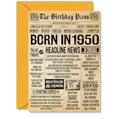 Image of 75th Birthday Card for Men Women Bday Press Newspaper 1950 Happy 75 Cards Wife Dad Nanny Nan Sister Grandad, A5 Greeting