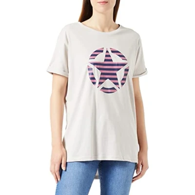 Image of JEEP Womens J Woman Oversize Star Striped Print Turn up Sleeve J22w T Shirt, Light Graystone, S UK