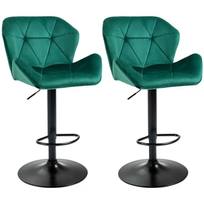 Image of HOMCOM Bar Stools Set of 2, Swivel Velvet feel Barstools with Wide Seat, Adjustable Height and Footrest, Breakfast Chairs for Kitchen, Dining Room, Green