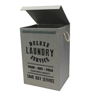 Image of JVL Deluxe 85 Litre Foldable Fabric Clothes Laundry Hamper Bin with Rope Handles, Light Grey