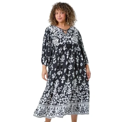 Image of Roman Curve Boho Print Tiered Midi Dress for Women UK Ladies Spring Everyday Summer Holiday Round Neckline Comfy 3/4 Sleeve Soft Tie Detail Frock Beach Vacation Gowns Black Size 18
