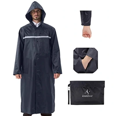 Image of ioutdoor Mens Raincoat Long Rain Mac Women Waterproof with Drawstring Hood,Reflective Coats for Rainy Camping Hiking Fishing (UK, Alpha, XXL, Regular, Navy Upgrade)